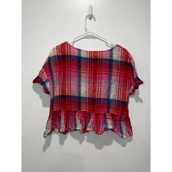 C&C California Linen Plaid Ruffle-Hem Short Sleeve Women's Top Size M - Picture 4 of 7